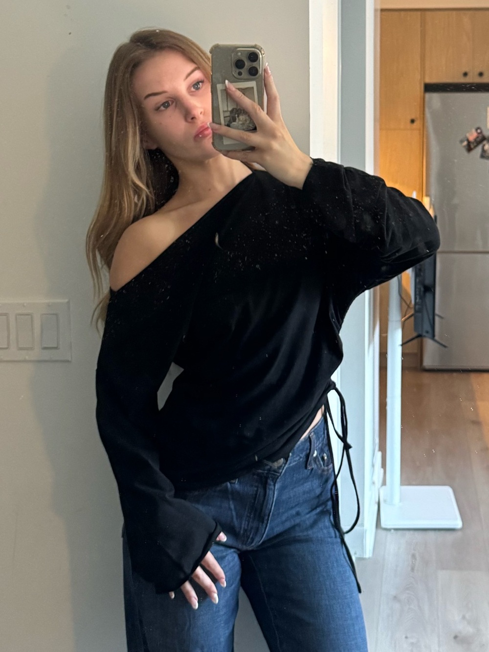Black asymmetric off shoulder top